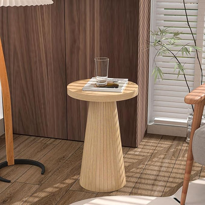 Small Round Pedestal Side Table, Wooden End Table for Living Room, Fluted Drink Table for Small Space, Modern Plant Stand Accent Table for Sofa Couch, 13.6 inch (Wood)