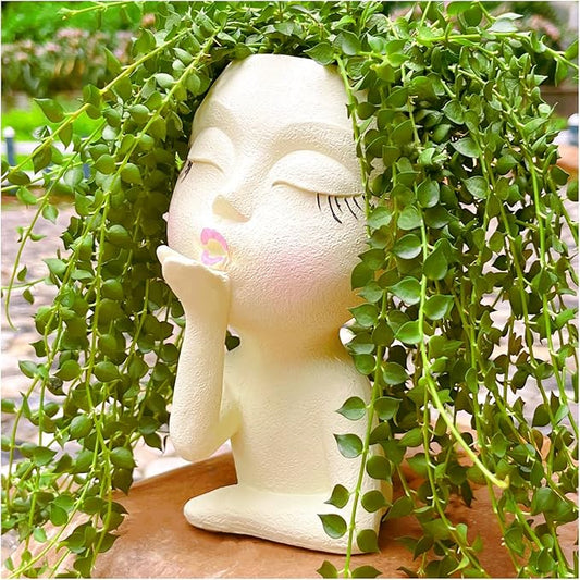 Face Planter Pots Resin Air Kiss Head Face Planter Standing Flower Pots for Trailing Plants Handcrafted Succulent Planter Pot for Indoor and Outdoor Plants Pale Yellow 1Pack