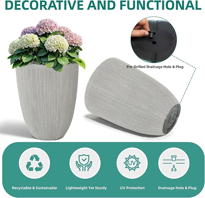 19" Tall Beige Fluted Planters for Indoor & Outdoor, Set of 2 Large Mediterranean-Style Resin Flower Pots with Drainage Holes, UV & Weather Resistant for Patio Porch Home Office Decor