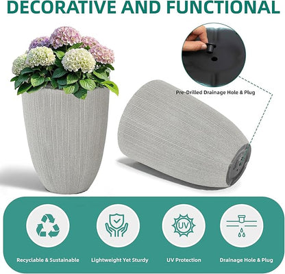 19" Tall Beige Fluted Planters for Indoor & Outdoor, Set of 2 Large Mediterranean-Style Resin Flower Pots with Drainage Holes, UV & Weather Resistant for Patio Porch Home Office Decor