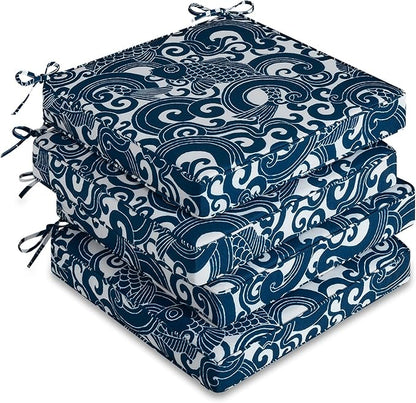 downluxe Outdoor Chair Cushions Set of 4, Waterproof 19" x 19" x 3" Patio Chair Cushion with Non-Slip Ties & Handle, Square Outdoor Cushion for Patio Furniture with Removable Cover, Blue Carp