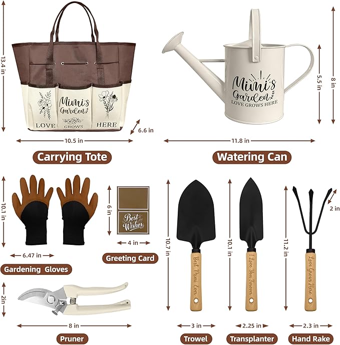 Mimi Gifts, Garden Kit Gifts for Mimi Mothers Day from Grandkids Gardening Tools and Durable Garden Tools Organizer Tote, Ideal Gardening Set for Women on Plant Lover Birthday Present Brown