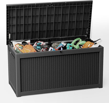 260 Gallon Deck Box, Waterproof Resin Outdoor Storage Box Lockable for Patio Furniture, Fade Resistant Patio Side Table & Organizer for Garden Tools, Pool Floats, Outdoor Cushions, Black