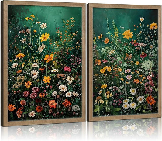 Framed Vintage Canvas Wall Art Vivid Garden Botanical Style Poster Picture Countryside Painting Nature Scenery Modern Home Print Living Room Gallery Office Ready to Hang 16x24 Inch x2