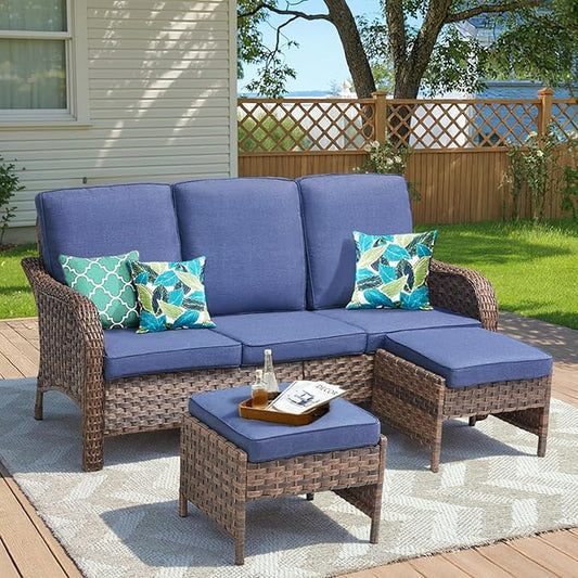 All Weather Wicker Patio Couch Set, Modern 3-Seater PE Wicker Outdoor Sofa Set with 2 Ottomans, All-Weather Thick Cushions & Curved Backrest for Patio Balcony Deck （Blue/Brown