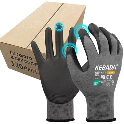 Kebada Safety Work Gloves,120 Pairs Bulk Pack, Touchscreen, PU Coated, Ideal for Warehouse, Construction, Gardening and Mechanics, Grey, Large