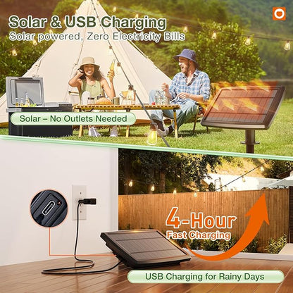 addlon 2 Pack*102FT(96+6) Solar String Lights Waterproof, Patio Lights Solar Powered with Remote & USB Port, 3 Lighting Modes 60+4 LED Shatterproof Bulbs Outdoor Light for Camping Backyard Garden