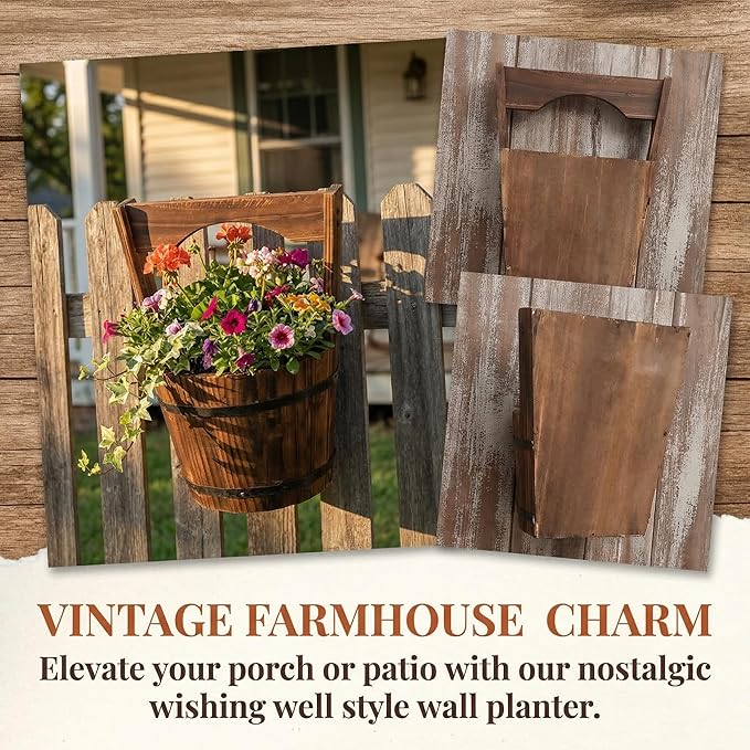 Rustic Wooden Wall Hanging Planter, Decorative Wishing Well Style Half-Barrel Plant Pot for Indoor Outdoor Garden, Vertical Flower Bucket for Fence, Patio & Porch Decor