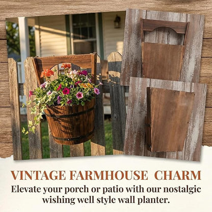 Rustic Wooden Wall Hanging Planter, Decorative Wishing Well Style Half-Barrel Plant Pot for Indoor Outdoor Garden, Vertical Flower Bucket for Fence, Patio & Porch Decor