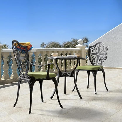 NUU GARDEN Outdoor 3-Piece Bistro Set with Cushions, Round 24 Inch Cast Aluminum Bistro Table with 2.17" Umbrella Hole, 2 Cast Aluminum Bistro Chairs, for Patio, Garden, Backyard and Balcony, Black