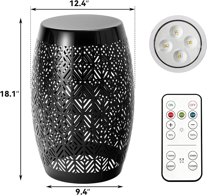 18" Cutout Metal Outdoor Side Table with 3-Mode LED Lights, Modern Decorative Drum End Table, Versatile Coffee Table/Garden Stool/Night Stand/Plant Stand for Patio, Living Room, Bedroom
