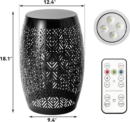 18" Cutout Metal Outdoor Side Table with 3-Mode LED Lights, Modern Decorative Drum End Table, Versatile Coffee Table/Garden Stool/Night Stand/Plant Stand for Patio, Living Room, Bedroom