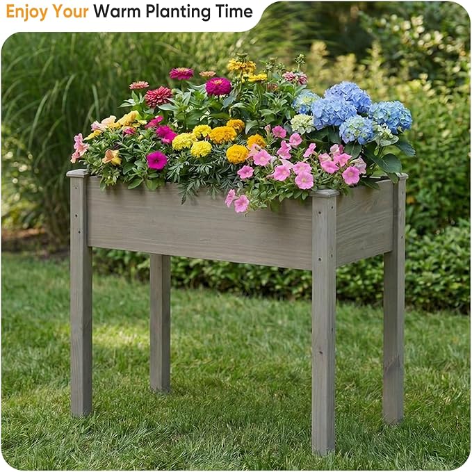 NEWBULIG Raised Garden Bed with Legs 34x18x30in,Elevated Wood Planter Box Stand for Outdoors Garden Balcony Courtyard,Natural Wood 400 Pound Capacity, for Planting Herbs Flowers Vegetables,Dark Grey