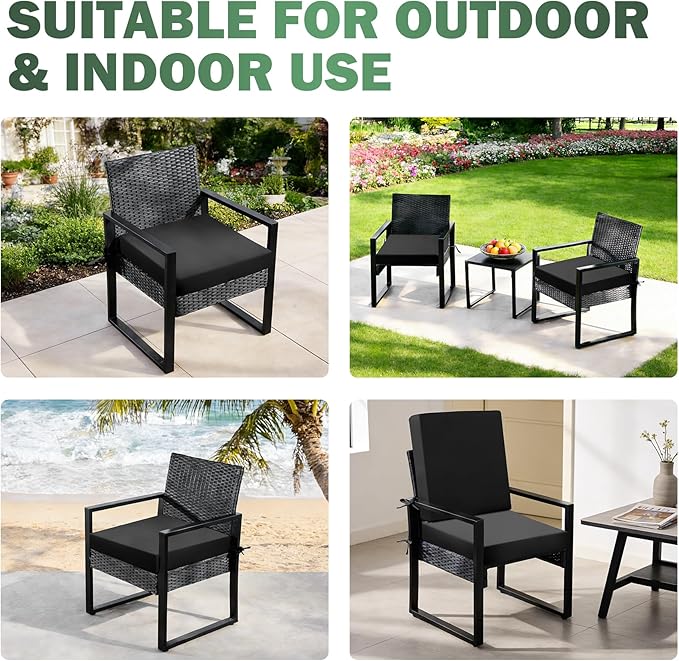 Outdoor Chair Cushions Set of 2, 19x19x3 Inch Waterproof & Fade Resistant Patio Furniture Seat Cushions with Ties, Square Outdoor Dining Chair Cushions for Lawn, Garden, Deck & Yard, Black