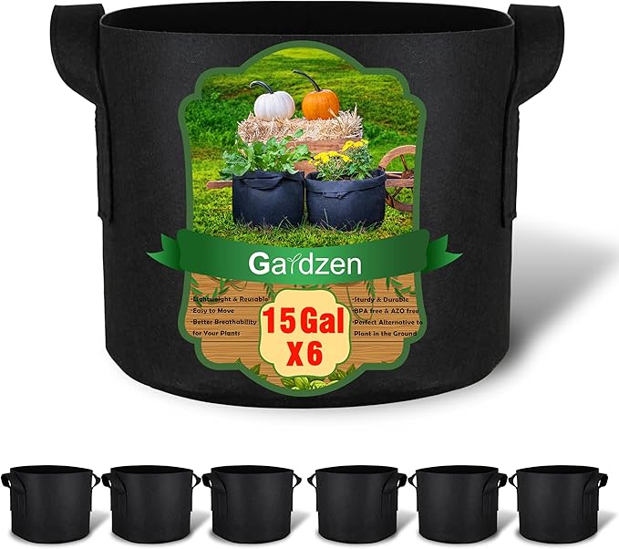 Gardzen 6-Pack 15 Gallon Grow Bags, 300G Thickened Nonwoven Fabric Pots with Handles, Heavy Duty Aeration Plant Bags for Gardening and Container Growing