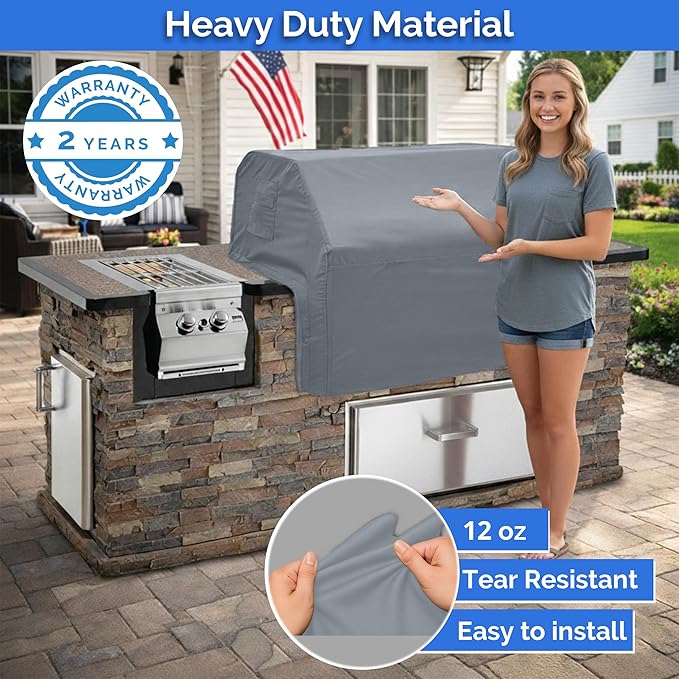 Covers & All Built-in Grill Cover for Outdoor Grill – Heavy Duty 12 oz Waterproof Built-in BBQ Grill Cover, PVC-Coated Polyester with Elastic Hem for Snug Fit (30 x 26 x 14 inches, Grey)