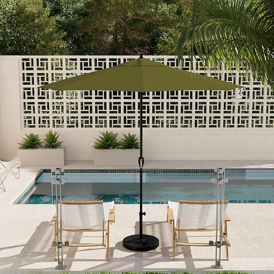 California Umbrella 9' Rd Aluminum Patio Umbrella, Crank Lift, Auto Tilt, Black Finish, Sunbrella Cilantro