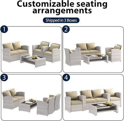 4 Piece Patio Furniture Set,Outside Rattan Sectional Sofa,Wicker Conversation Set with Cushion and Glass Coffee Table,Wicker Sofa Ideal for Garden,Porch,Beige