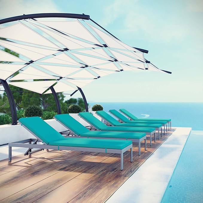 Modway Shore 6 Piece Outdoor Patio Aluminum Chaise with Cushions in Silver Turquoise