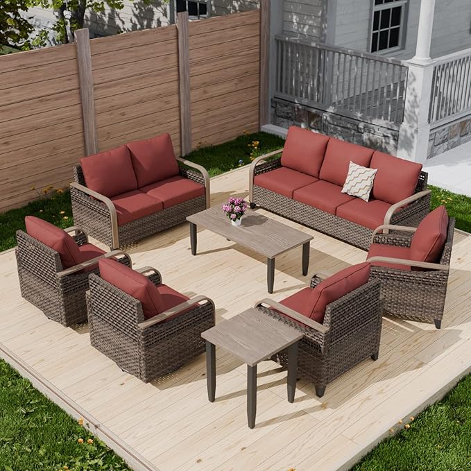 COOS BAY Modern Wicker Outdoor Furniture Set, Patio Conversation Set with Swivel Rockers, Patio Chairs, 3 Seat Couch, Loveseat, Coffee Table and Side Table, 8 Piece, Brown/Red