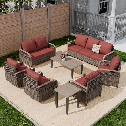 COOS BAY Modern Wicker Outdoor Furniture Set, Patio Conversation Set with Swivel Rockers, Patio Chairs, 3 Seat Couch, Loveseat, Coffee Table and Side Table, 8 Piece, Brown/Red