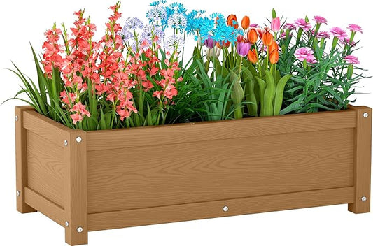 HDPE Raised Planter Box Outdoor,Rot-Resistant and Non-Cracking,Raised Beds for Gardening 29.5 * 14.4 * 9.8 in for Yard,Lawn,Outdoor Planter Boxes Rectangle with Drainage Holes Brown