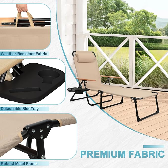 Outdoor Chaise Lounge Chair with 4-Position Adjustable Backrest, Patio Folding Sun Tanning Chair, Pillow & Cup Holder, Portable Recliner Sunbathing Lounger Chairs for Pool Beach Lawn Garden (Beige)