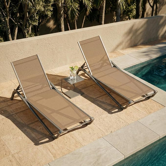 3-Piece Patio Chaise Lounge Set with Side Table, Set of 2 Adjustable Pool Chairs and Aluminum Bistro Table, All-Weather Outdoor Furniture for Pool Deck, Patio & Tanning, Beige
