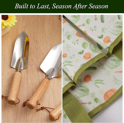VerdantVibes 10-Piece Garden Tool Set - Heavy Duty Stainless Steel Gardening Kit with Wood Handle, Pruners & Vegetable Print Tote Bag - Unique Gardening Gifts for Women Mom Grandma