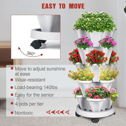 7 Tier Vertical Strawberry Planter-Tower Stackable Herb Planters-Stacking Garden Outdoor Planter Pot with Tools Mover for Flowers, Vegetables and Succulents, Light Grey