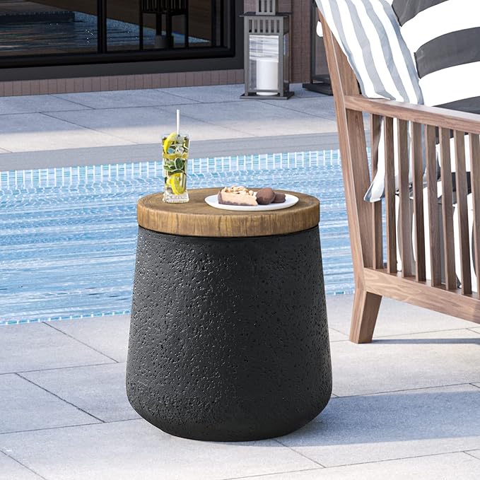 HOMPUS Outdoor Concrete Side Table, Patio Black Side Table, Small Outdoor Accent End with Wood Grain Top, Cylinder Shaped Round for Patio, Outside, Black