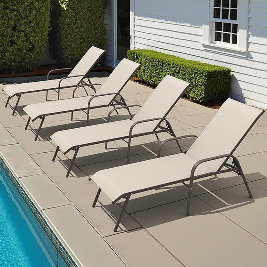 Crestlive Products Chaise Lounge Chair Outdoor with Armrests, Pool Lounge Chairs Set of 4, Aluminum Adjustable 5 Positions Sun Tanning Lounger for Patio, Poolside, Yard, Deck, Backyard (Champagne)