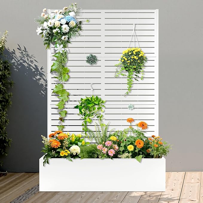 FENCY Metal Raised Garden Bed with Trellis, Metal Planter Box with Trellis, Garden Box for Climbing Plants Vegetable, 47" Lx16 Wx71 H Garden Bed with Drainage Holes(White-Louvered)