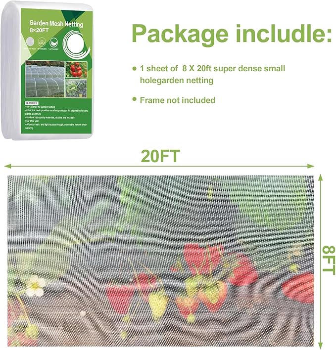Garden Netting Pest Barrier,8'x20' Fine Bug Netting for Garden Protection Row Cover Raised Bed Screen Mesh Greenhouse Mosquito Net, Protecting Tree Plants Vegetable Flowers Fruits