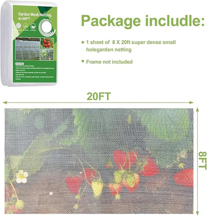 Garden Netting Pest Barrier,8'x20' Fine Bug Netting for Garden Protection Row Cover Raised Bed Screen Mesh Greenhouse Mosquito Net, Protecting Tree Plants Vegetable Flowers Fruits