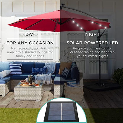Best Choice Products 10ft Solar LED Offset Hanging Market Patio Umbrella for Backyard, Poolside, Lawn and Garden w/Easy Tilt Adjustment, Polyester Shade, 8 Ribs - Red