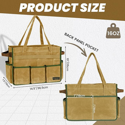 Canvas Tool Bag, 16OZ Waxed Canvas Tool Tote Bag with Metal Zipper & 12-Pocket Design, Multi-Purpose Garden Tool Storage Tote for Electrician Gardener Plumber | Khaki | 14.5"L x 7.5"W x 10"H