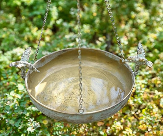 Hanging Bird Bath Feeder for Outdoor, 23" H Metal Birdbath with Cast Iron Bird Decor, Vintage Tray for Garden Yard Patio, Green