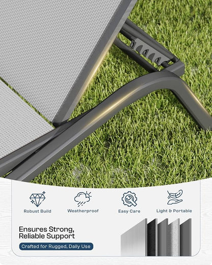 Adjustable Patio Chaise Lounge Chair, Outdoor Pool Lounger for Sunbathing & Tanning, All-Weather Textilene Sun Bed for Beach, Porch & Deck, Rust-Proof Aluminum Frame, Light Grey