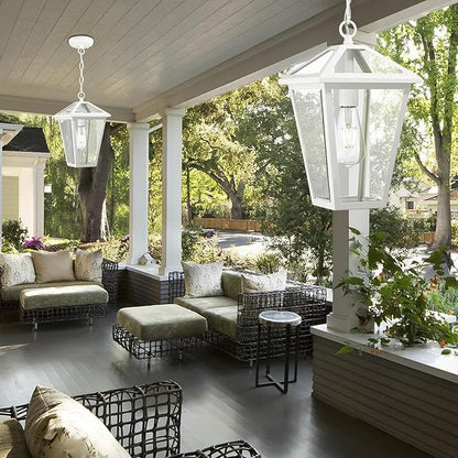 Outdoor Pendant Light Fixture, Exterior Hanging Pendant Lights for Porch, Outside Chandelier Ceiling Mount Aluminum with Clear Glass for Entryway Doorway Gazebo Patio Foyer, White