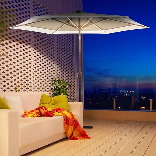 JONATHAN Y UMB1100C Spencer 9 ft. Classic Coastal 2-Tone Solar LED Market Patio Umbrella with 12 LED Strip Lights, Auto-Tilt, Crank Protection in Gray/White