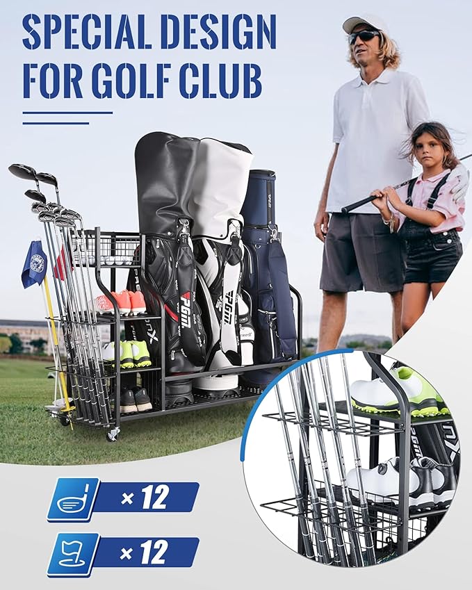 Mythinglogic 3 Golf Bags Storage Organizer-Extra Large Size Fits 3 Full Size Golf Bags,Garden Tool Organizer for Garage-Yard Tool Racks with Wheels