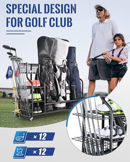 Mythinglogic 3 Golf Bags Storage Organizer-Extra Large Size Fits 3 Full Size Golf Bags,Garden Tool Organizer for Garage-Yard Tool Racks with Wheels