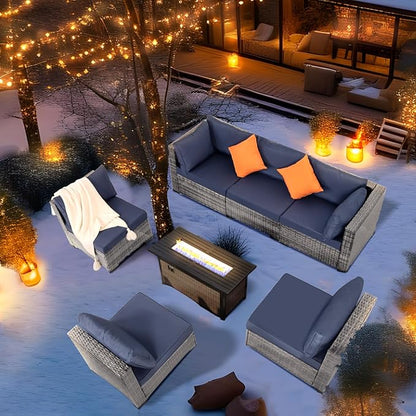 FHFO 7 Piece Outdoor Wicker Patio Furniture Set, Rattan Sectional Sofa Couch, Patio Conversation Set with Cushion & Coffee Table, for Backyard Poolside Porch Garden, Grey-Navy Blue