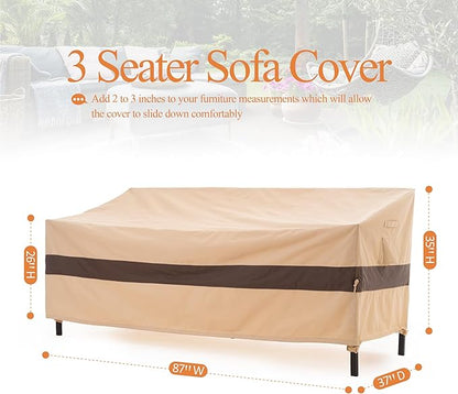 WJ-X3 3-Seater Outdoor Sofa Cover, Heavy Duty Patio Sofa Cover, Outdoor Couch Cover Waterproof, High Wind Resistant Design for Patio Couch Cover, 87W x 37D x 35H, Beige & Coffee