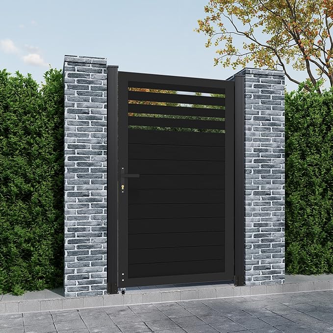 6ft x 3ft Aluminum Alloy Privacy Gate - Outdoor Metal Garden Gate with Lockable Knob, Partially Enclosed Security Gate, Design for Patio, Yard & Backyard, Easy Installation Without Posts