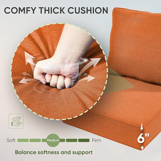 Outdoor Chair Cushions Set of 3, Waterproof 24x24 Patio Chair Cushion, 6" Thickened Seat Cushion for Outdoor Furniture, Couch Cushion Replacement, Include 3 Back & 3 Seat Cushions, Thick/Orange