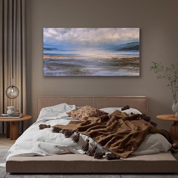 JLXART Ocean Wall Art Watercolor Seascape Painting Landscape Pictures Wall Decor 24X48inch Abstract Beach Wave Poster for Livingroom Bedroom