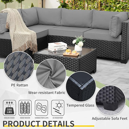 WAROOM Outdoor Patio PE Wicker 5 Piece Furniture Set, Black Rattan Sectional Conversation Sofa Chair with Coffee Table, Grey Cushion