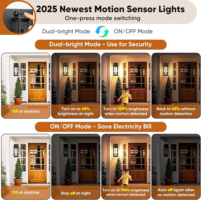 BesLowe 18” Upgraded Motion Sensor Outdoor Wall Lights, Dusk to Dawn Porch Lights Outdoor Wall Sconces, 3 Lighting Modes Exterior Lighting Fixtures with Hooks, Black Outside Lights for House, 2-Pack